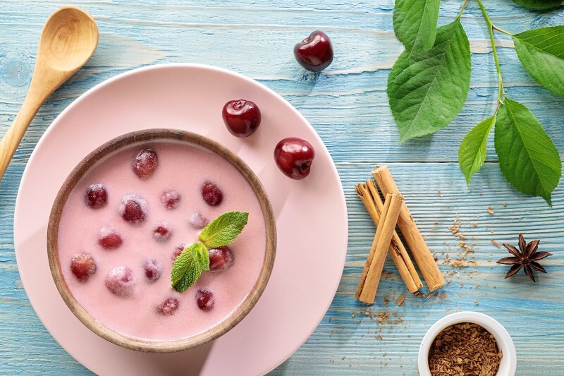 Traditional cherry soup with cinnamon and cream: best if chilled