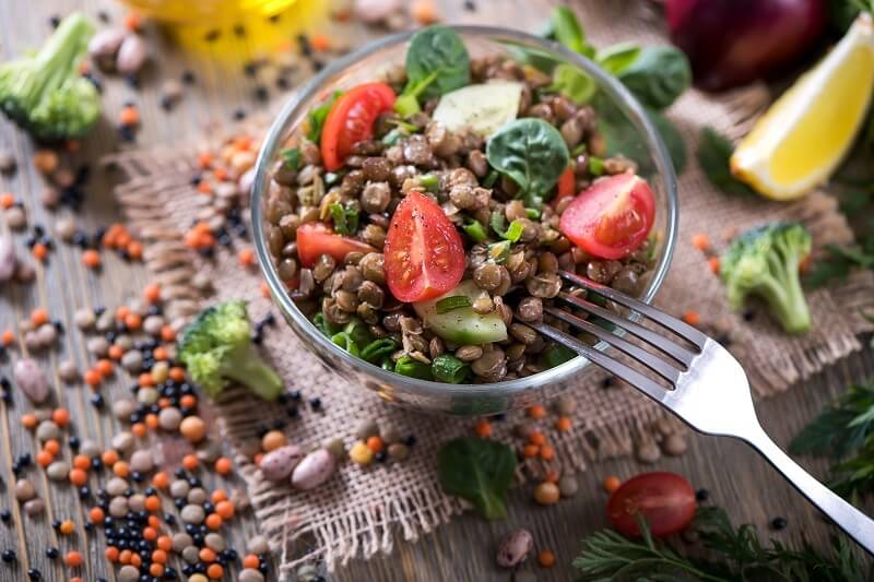 Cold, filling lentil salad enriched with sweet tomatoes