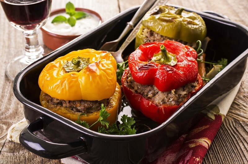 California peppers stuffed with ground meat and topped with toasted cheese