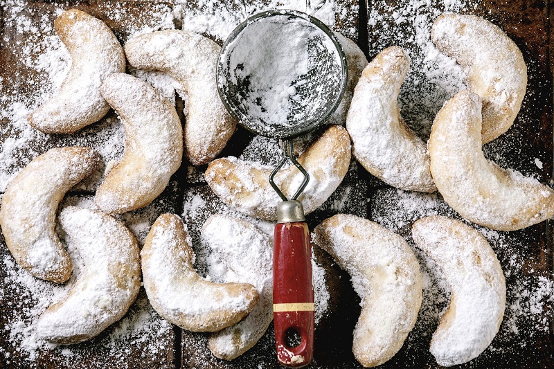 Vanillekipferl, crescent-shaped cookies. A crunchy dessert with a strong vanilla flavor